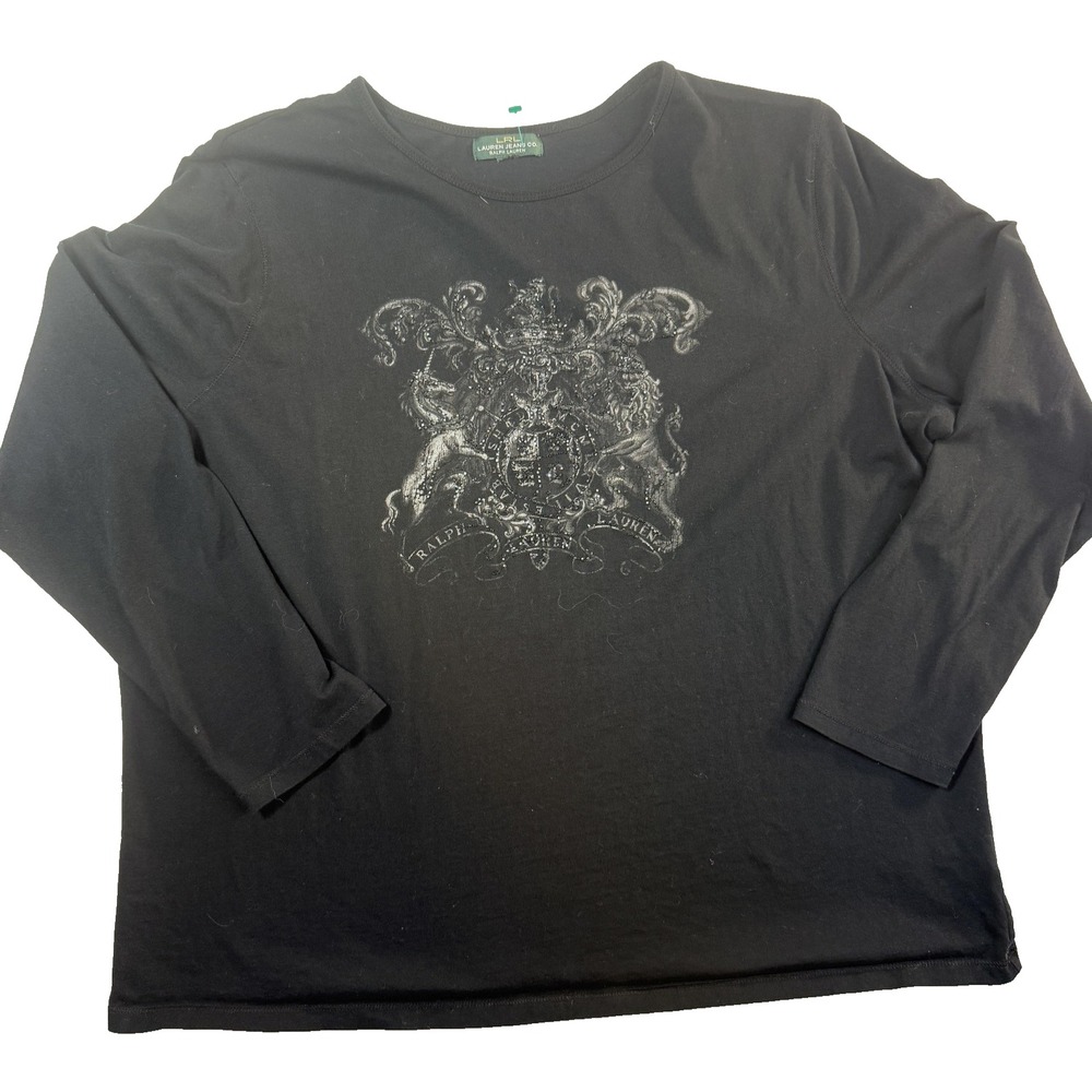LRL Ralph Lauren Top Womens 2XL Black Crest Y2K Graphic Horse Quiet Luxury
